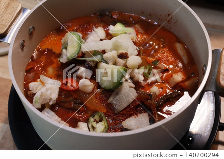 Spicy Korean Soup with Vegetables in Pot 140200294