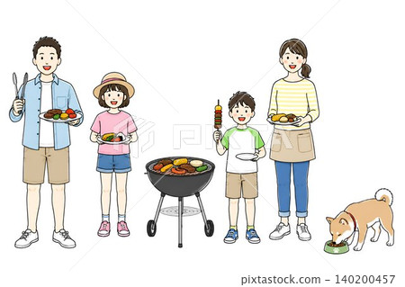 An illustration of a family having a barbecue outdoors with a Shiba Inu. An illustration of a family having a barbecue outdoors with a Shiba Inu. 140200457