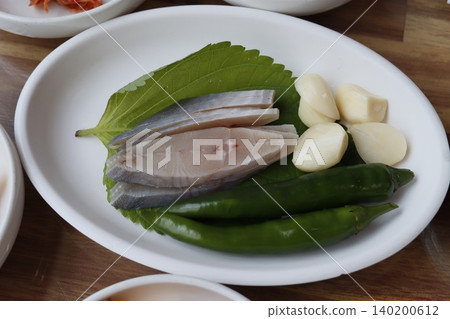 Fresh Korean Seafood Ingredients on White Plate 140200612