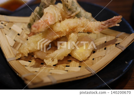 Golden Tempura Shrimp and Vegetables on Bamboo Tray Golden Tempura Shrimp and Vegetables on Bamboo Tray 140200670