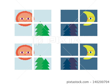 A set of vector illustrations of the sun and moon visible from a window. 140200704