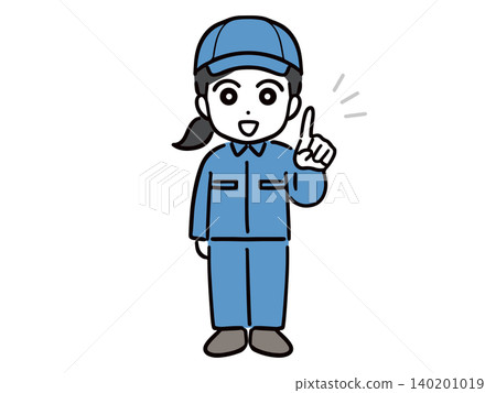 A young woman in work clothes (full body, front view) is smiling and explaining something while holding up her index finger. A young woman in work clothes (full body, front view) is smiling and explaining something while holding up her index finger. 140201019