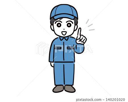 A young man in work clothes (full body, front view) is smiling and explaining something while holding up his index finger. A young man in work clothes (full body, front view) is smiling and explaining something while holding up his index finger. 140201020