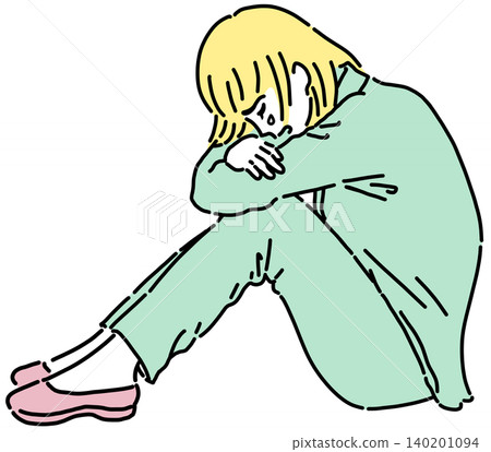 An illustration of a woman in a suit crouching and crying. An illustration of a woman in a suit crouching and crying. 140201094