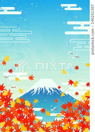 秋葉、銀杏樹和富士山的插圖（紅色直版）3 140201307