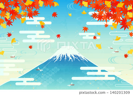 Illustration of autumn leaves, ginkgo trees, and Mount Fuji (1_horizontal) Illustration of autumn leaves, ginkgo trees, and Mount Fuji (1_horizontal) 140201309