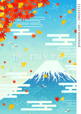 Illustration of autumn leaves, ginkgo trees, and Mount Fuji in red (vertical) 2 140201311