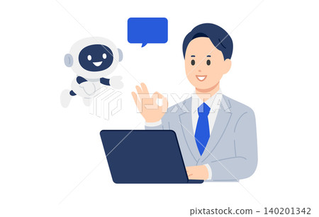 一位商務人士向提出建議的 AI 聊天機器人做出 OK 手勢 [人物向量圖] 140201342