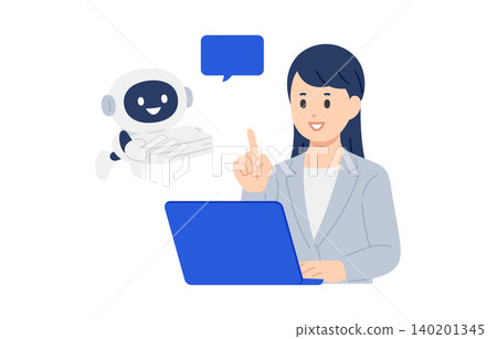 An AI chatbot assisting with document organization, and a female business professional giving instructions. [Vector illustration of people] 140201345