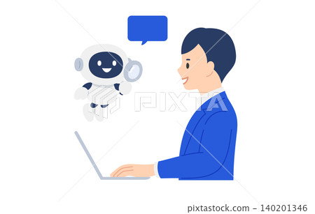 A business person happily interacting with an AI chatbot assisting with search and research [Vector illustration of a person] 140201346