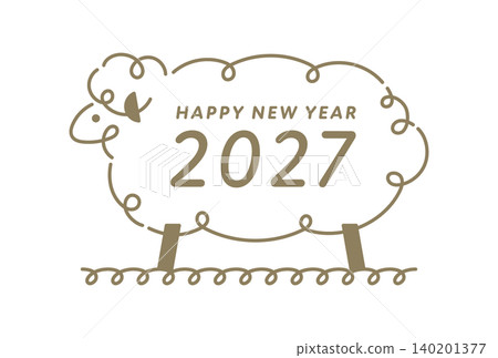 Easy-to-use, simple line art sheep illustration - 2027 New Year's card material [Adjustable line width] 140201377