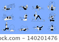 Hand drawn women characters practicing yoga poses and mindfulness activities and tranquil scene line illustration set 140201476