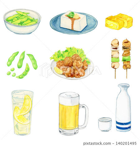 Hand-painted watercolor izakaya menu set: Beer, lemon sour, sake, yakitori, edamame, chilled tofu, tamagoyaki (rolled omelet), and karaage (fried chicken). Hand-painted watercolor izakaya menu set: Beer, lemon sour, sake, yakitori, edamame, chilled tofu, tamagoyaki (rolled omelet), and karaage (fried chicken). 140201495