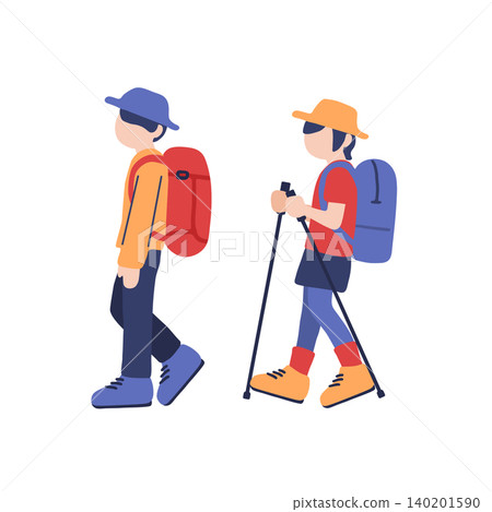 A simple hiking illustration of two hikers with backpacks. A simple hiking illustration of two hikers with backpacks. 140201590