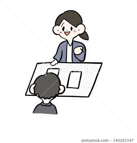 圖解:一位女職員隔著辦公桌解釋某件事 | 會議/一對一 圖解:一位女職員隔著辦公桌解釋某件事 | 會議/一對一 140201597