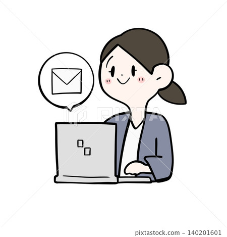 Illustration of a female office worker working on emails on her PC | Email notification Illustration of a female office worker working on emails on her PC | Email notification 140201601