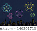 一幅剪紙風格的城市景觀和煙火插圖。 140201713