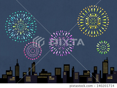 An illustration depicting a city with towering buildings and fireworks lighting up the night sky. An illustration depicting a city with towering buildings and fireworks lighting up the night sky. 140201714