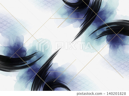 A beautiful background of blue watercolor washes and ink curves on a white background, depicting the Seigaiha wave pattern. 140201828