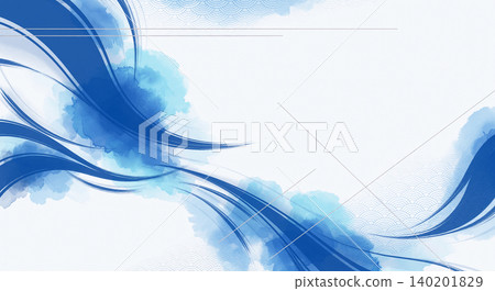 白色背景上的藍色水彩暈染和墨線曲線勾勒出美麗的背景，描繪出青海波圖案。 140201829