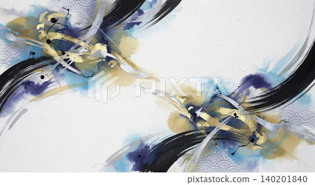 以白色日本紙為底，飾以美麗的青海波（波浪圖案）圖案，並以藍色水彩和筆觸融合黑色、金色和銀色。 140201840