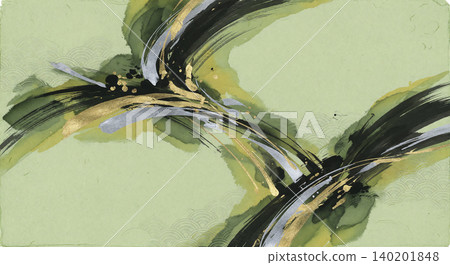 A background of flowing wave patterns in black, gold, and silver brushstrokes against a watercolor of fresh green leaves on matcha-colored Japanese paper. A background of flowing wave patterns in black, gold, and silver brushstrokes against a watercolor of fresh green leaves on matcha-colored Japanese paper. 140201848
