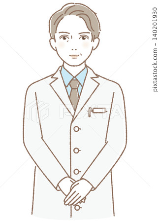 一位身穿白大褂的男士(可能是醫生、藥劑師或醫務人員)面帶微笑,面向前方,向量插圖。 一位身穿白大褂的男士(可能是醫生、藥劑師或醫務人員)面帶微笑,面向前方,向量插圖。 140201930