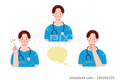 一組描繪男醫師臉部表情的插圖。 一組描繪男醫師臉部表情的插圖。 140202224