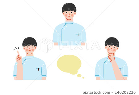 一組描繪年輕男護士臉部表情的插圖。 一組描繪年輕男護士臉部表情的插圖。 140202226