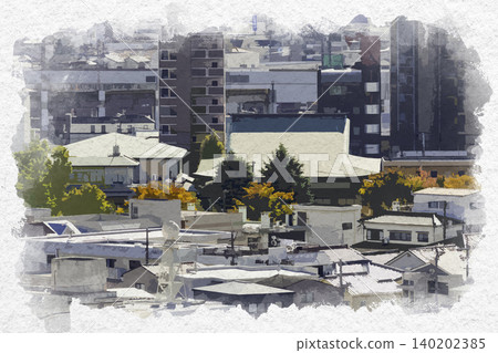 廣島縣廣島市廣島市中心曙光地區的興福寺水彩畫。 廣島縣廣島市廣島市中心曙光地區的興福寺水彩畫。 140202385