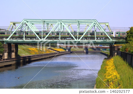 Crossing the Shingashigawa Bridge: Shonan-Shinjuku Line E231 series + E233 series train 140202577