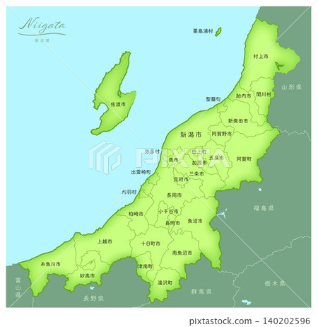 Niigata Prefecture: A three-dimensional map series of Japan. (Includes neighboring prefectures, cities, towns, and villages, and Japanese text) NIIGATA, JAPAN 140202596