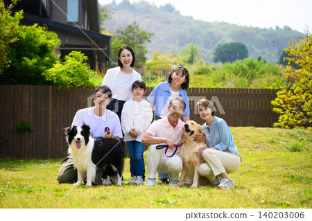 A happy portrait of a family and their dog 140203006