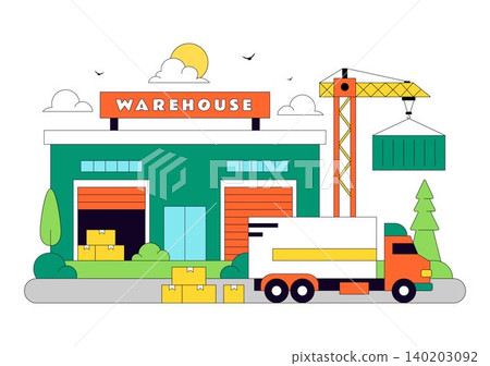 Warehouse Illustration Featuring Logistics Distribution Center, Cargo Transportation, Freight Shipping, Storage Facility, and Supply Chain Operations Warehouse Illustration Featuring Logistics Distribution Center, Cargo Transportation, Freight Shipping, Storage Facility, and Supply Chain Operations 140203092