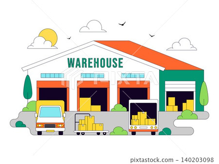 Warehouse Illustration Featuring Logistics Distribution Center, Cargo Transportation, Freight Shipping, Storage Facility, and Supply Chain Operations Warehouse Illustration Featuring Logistics Distribution Center, Cargo Transportation, Freight Shipping, Storage Facility, and Supply Chain Operations 140203098
