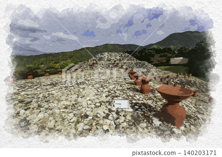 Watercolor style painting of Yanai Chausuyama Tumulus, Yanai City, Yamaguchi Prefecture Watercolor style painting of Yanai Chausuyama Tumulus, Yanai City, Yamaguchi Prefecture 140203171