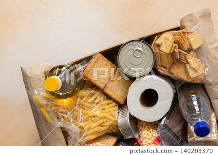 Canned goods, cereals, and pasta stored for quarantine and isolation, ensuring long-term survival and food security at home, survival during military operations, the concept of stay at home Canned goods, cereals, and pasta stored for quarantine and isolation, ensuring long-term survival and food security at home, survival during military operations, the concept of stay at home 140203370