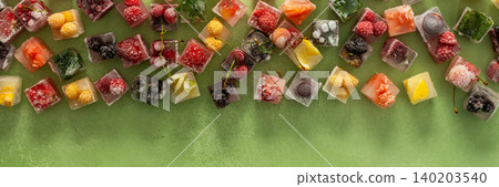 Ice cubes with frozen berries and fruits and mint on a green background, banner 140203540