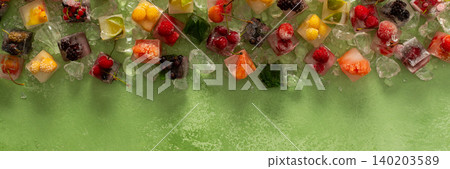 Green background with ice cubes with frozen berries and fruits and mint, banner 140203589