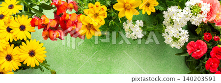 A beautiful array of spring flowers in various colors adorns a balcony, bringing life and brightness to the outdoor area. The flowers add joy and warmth to the setting., banner A beautiful array of spring flowers in various colors adorns a balcony, bringing life and brightness to the outdoor area. The flowers add joy and warmth to the setting., banner 140203591
