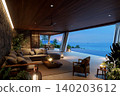 Modern contemporary living room with sea view at dusk. 3d render. 140203612