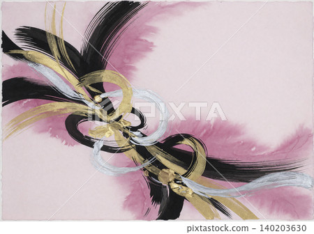 A vibrant background of pink watercolor and black, gold, and silver brushstrokes on pale pink Japanese paper. A vibrant background of pink watercolor and black, gold, and silver brushstrokes on pale pink Japanese paper. 140203630
