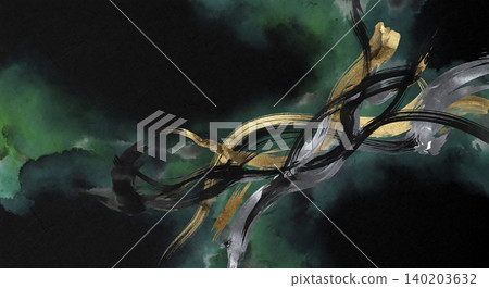 A modern Japanese background featuring striking green watercolors and powerful brushstrokes in black, gold, and silver against jet-black Japanese paper. 140203632