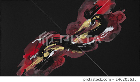 A modern Japanese background featuring deep red watercolor and bold black, gold, and silver brushstrokes against jet-black Japanese paper. A modern Japanese background featuring deep red watercolor and bold black, gold, and silver brushstrokes against jet-black Japanese paper. 140203633