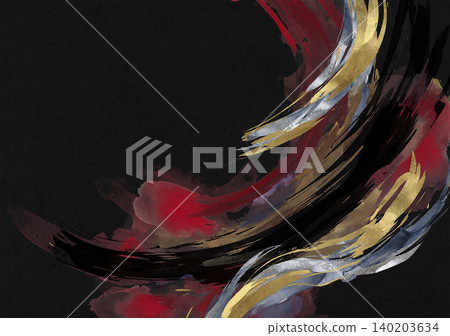 A modern Japanese background featuring deep red watercolor and bold black, gold, and silver brushstrokes against jet-black Japanese paper. A modern Japanese background featuring deep red watercolor and bold black, gold, and silver brushstrokes against jet-black Japanese paper. 140203634