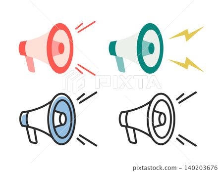 Megaphone icon set, line art, flat black and white, simple megaphone design. Megaphone icon set, line art, flat black and white, simple megaphone design. 140203676