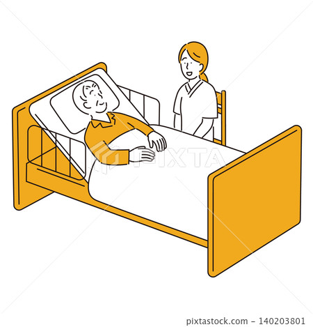 An illustration of a female visiting nurse conversing with a bedridden elderly man. An illustration of a female visiting nurse conversing with a bedridden elderly man. 140203801