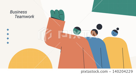 Flat design illustration of a leader raising a fist with a diverse team behind, representing business teamwork and unity. Perfect for corporate, HR, leadership, and team collaboration content. Flat design illustration of a leader raising a fist with a diverse team behind, representing business teamwork and unity. Perfect for corporate, HR, leadership, and team collaboration content. 140204229