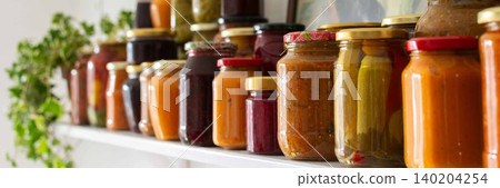 Canned vegetables and fruits are lined up on a shelf in a kitchen, showing winter preparations. A painting of a basket is seen in the background as part of the decor, banner Canned vegetables and fruits are lined up on a shelf in a kitchen, showing winter preparations. A painting of a basket is seen in the background as part of the decor, banner 140204254