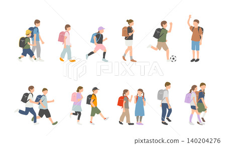 A set of elementary school children with backpacks: children walking, running, and talking. A set of elementary school children with backpacks: children walking, running, and talking. 140204276